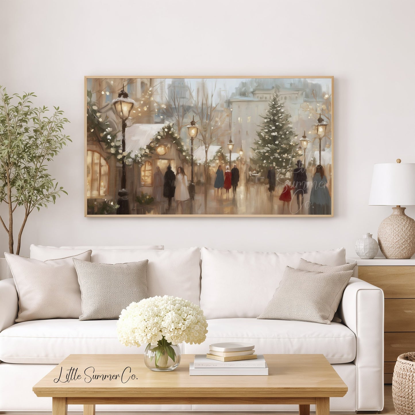 Snowy Christmas Market Lights Frame TV Art displayed on a TV