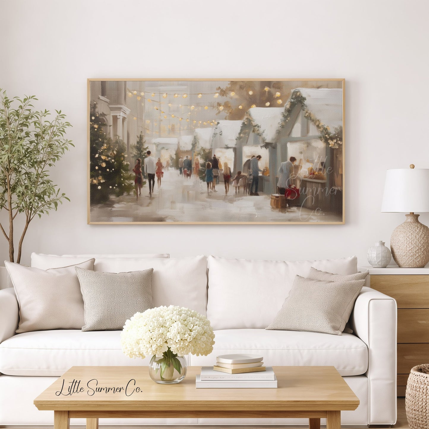 Christmas Market Stalls Frame TV Art displayed on a TV