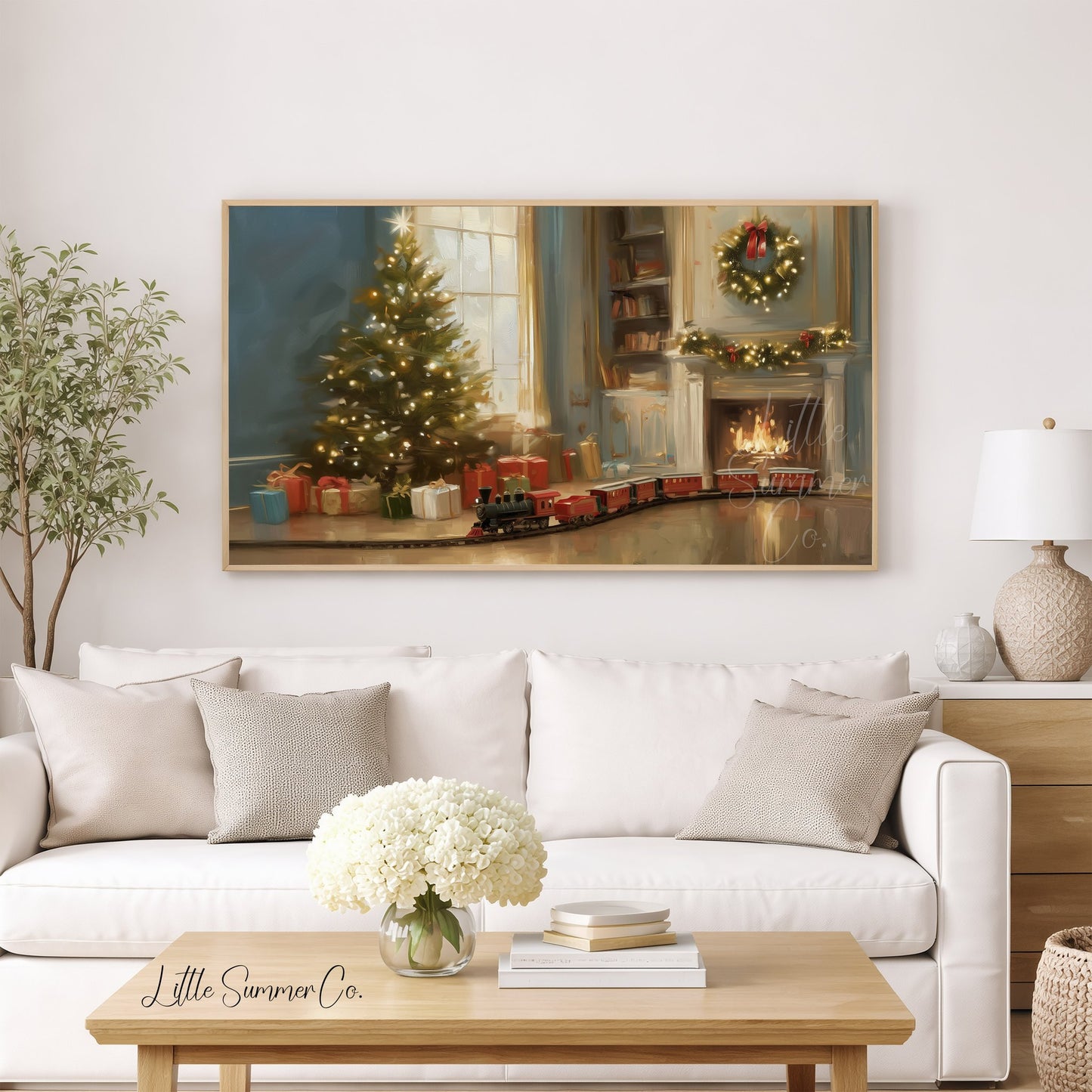 Christmas Tree Fireplace Frame TV Art displayed on a TV