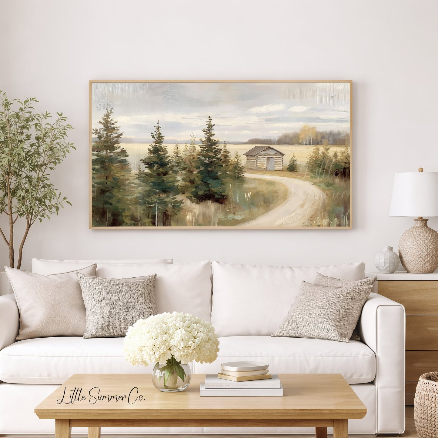 Lakeside Cabin Pines Frame TV Art displayed on a TV