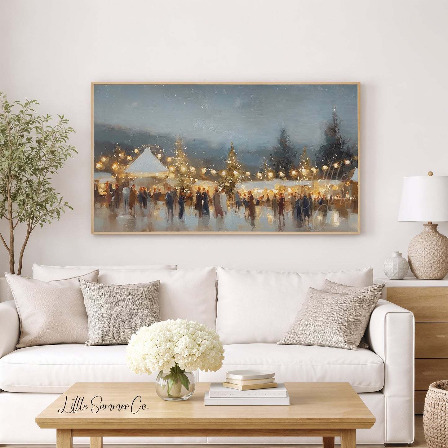 Glowing Winter Market Evening Frame TV Art displayed on a TV