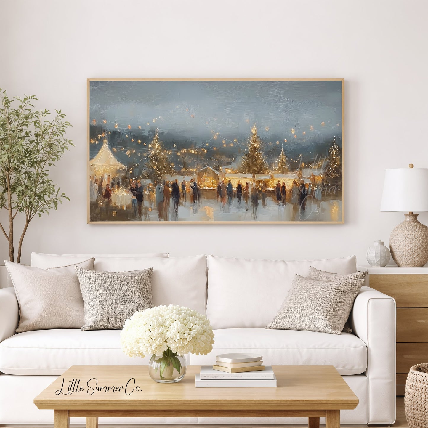 Golden String Lights Market Frame TV Art displayed on a TV