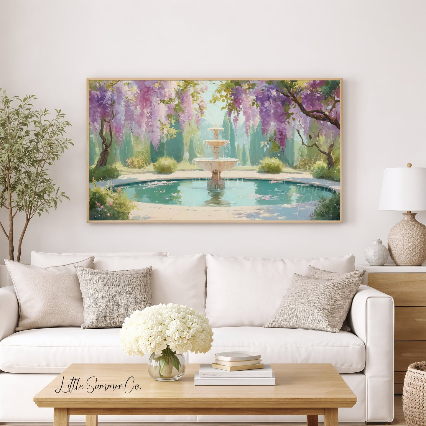 Wisteria Garden Fountain Reflecting Pool Frame TV Art displayed on a TV