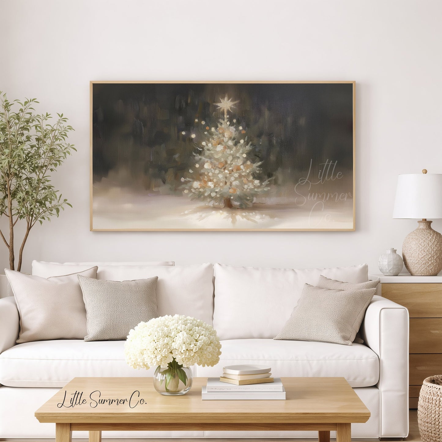 White Christmas Tree Glowing Frame TV Art displayed on a TV