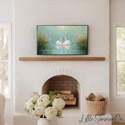 Swans Among Pink Wildflowers Frame TV Art displayed on a TV