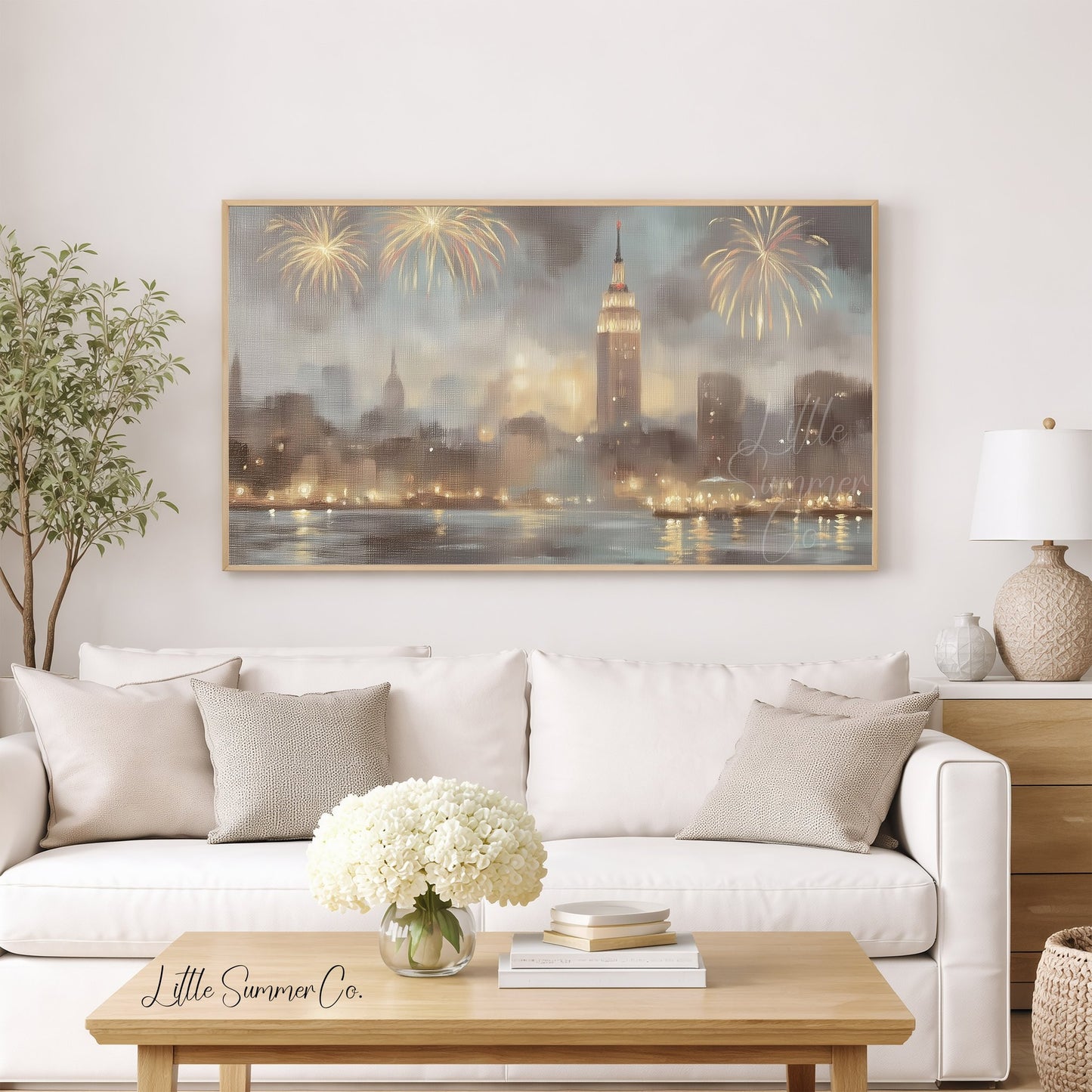 City Fireworks Skyline Frame TV Art displayed on a TV