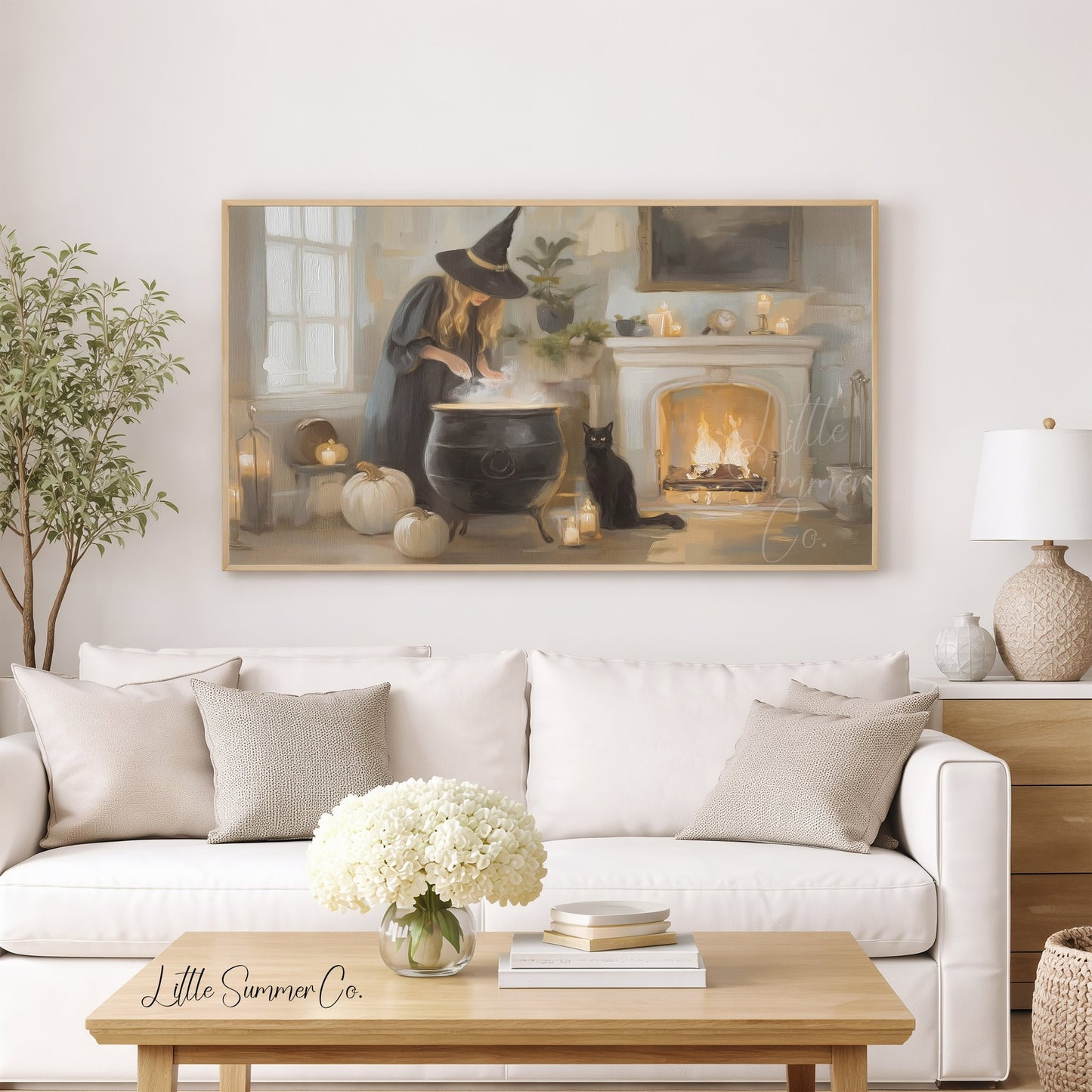 Witch Cauldron Cat Frame TV Art displayed on a TV
