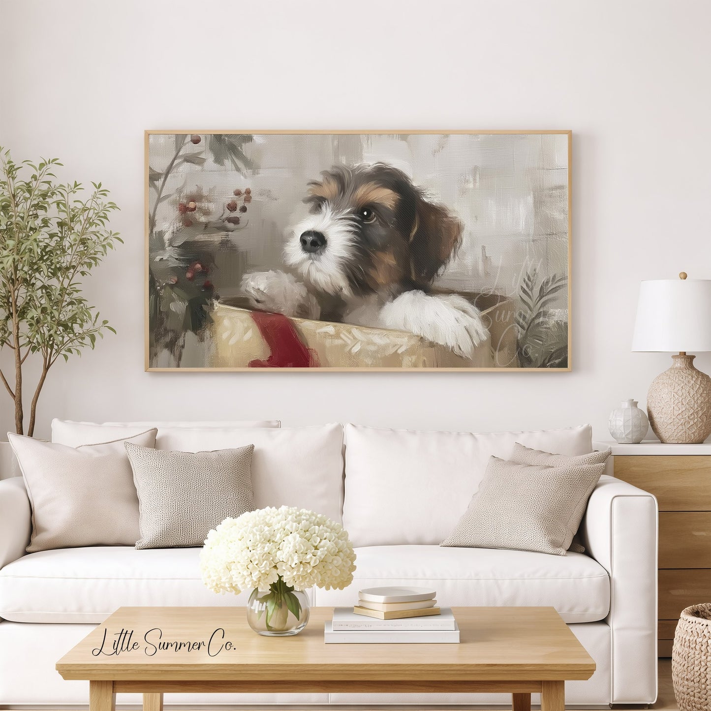 Puppy In A Gift Box Frame TV Art displayed on a TV
