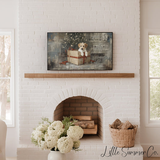 Puppy Gift Box Frame TV Art displayed on a TV