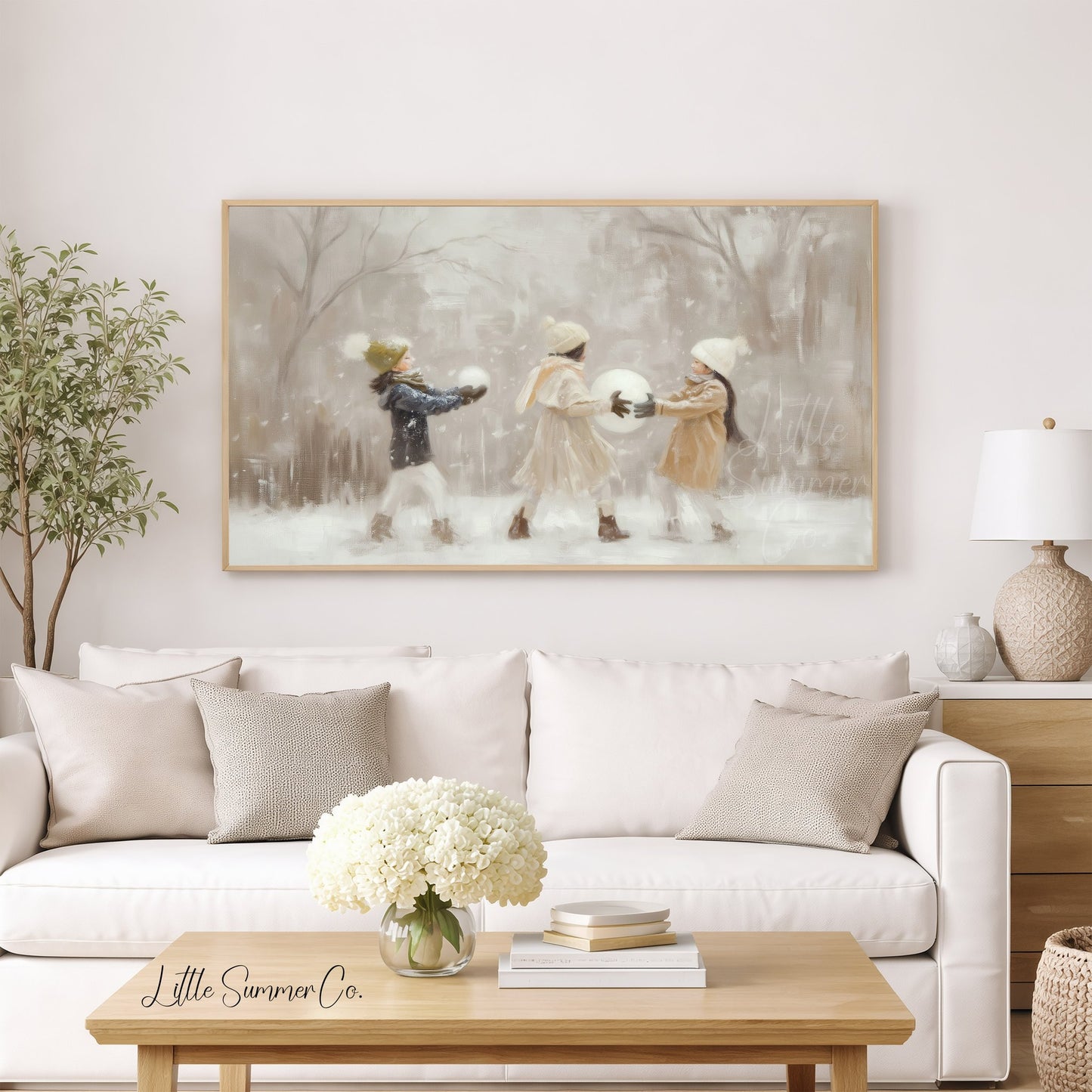 Children With Snowballs Frame TV Art displayed on a TV