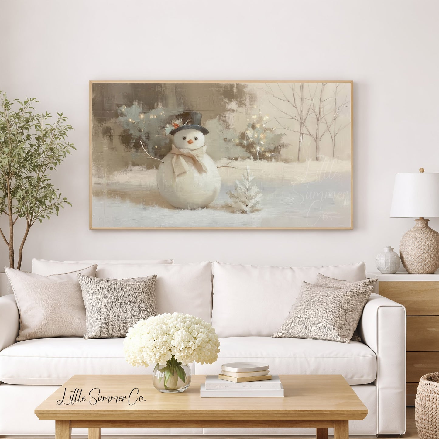 Cosy Snowman Winter Garden Scene Frame TV Art displayed on a TV