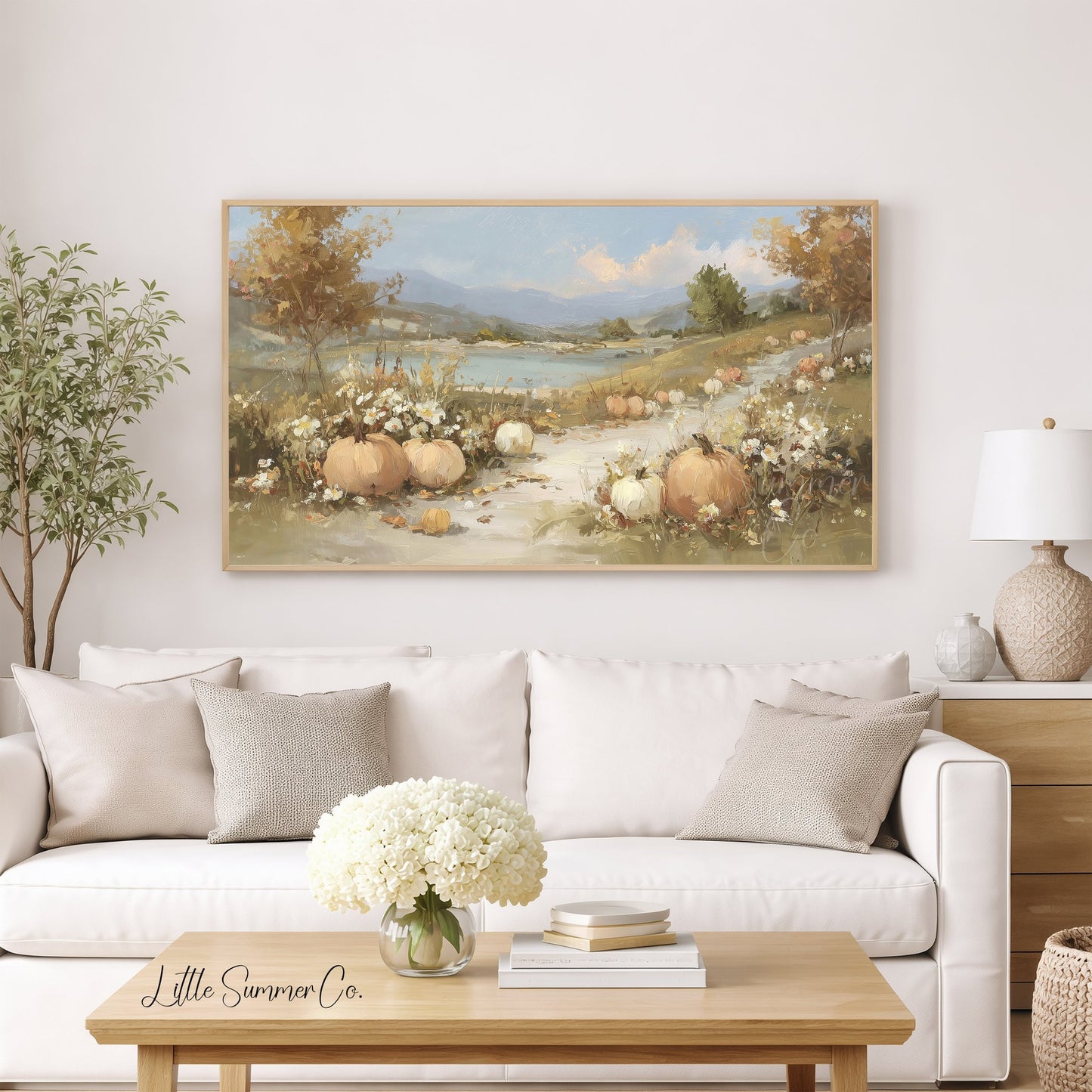 Pumpkin Lake Path Frame TV Art displayed on a TV