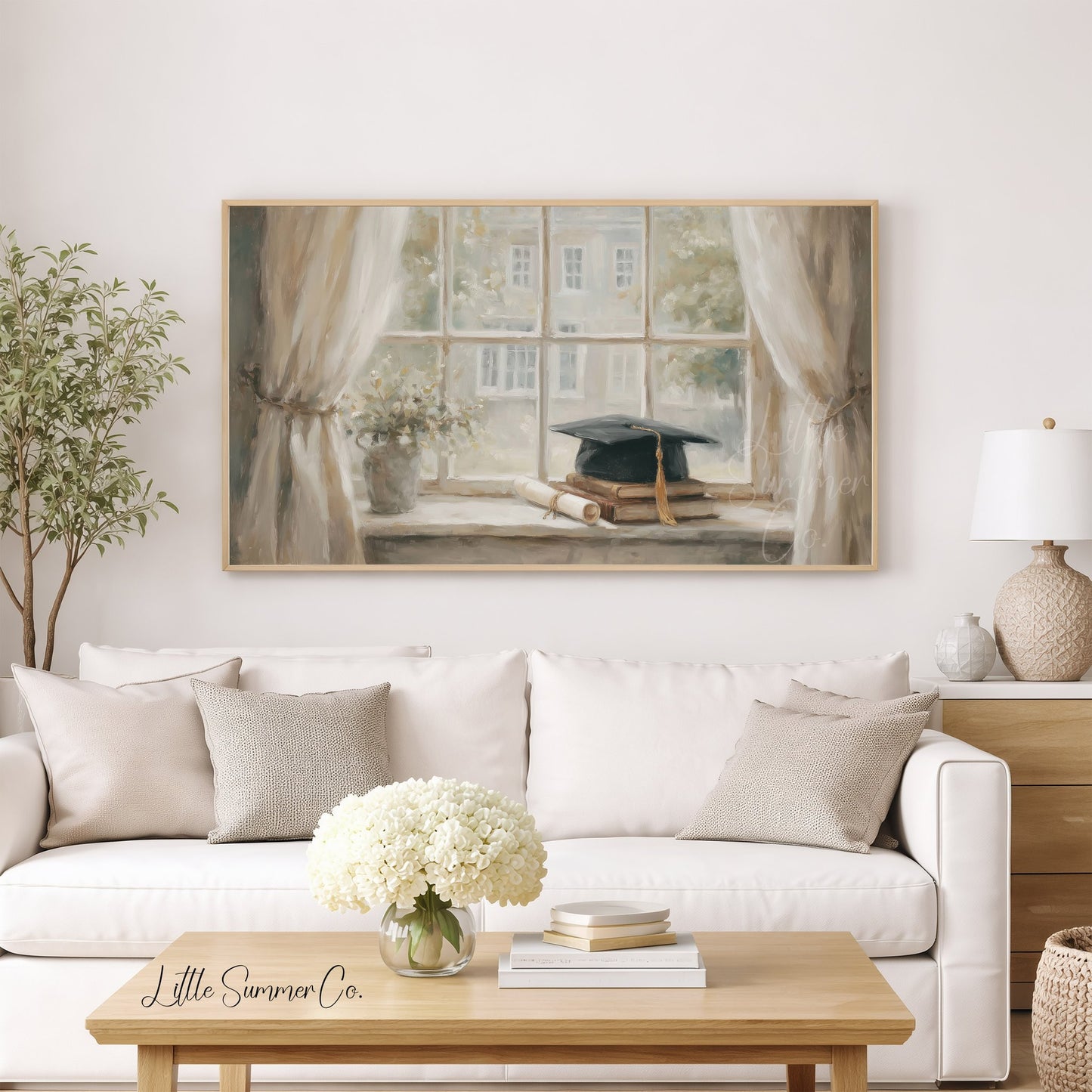 Graduation Cap Books Windowsill Frame TV Art displayed on a TV