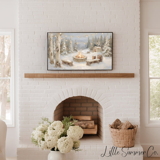 Snowy Campfire Cabin Frame TV Art displayed on a TV
