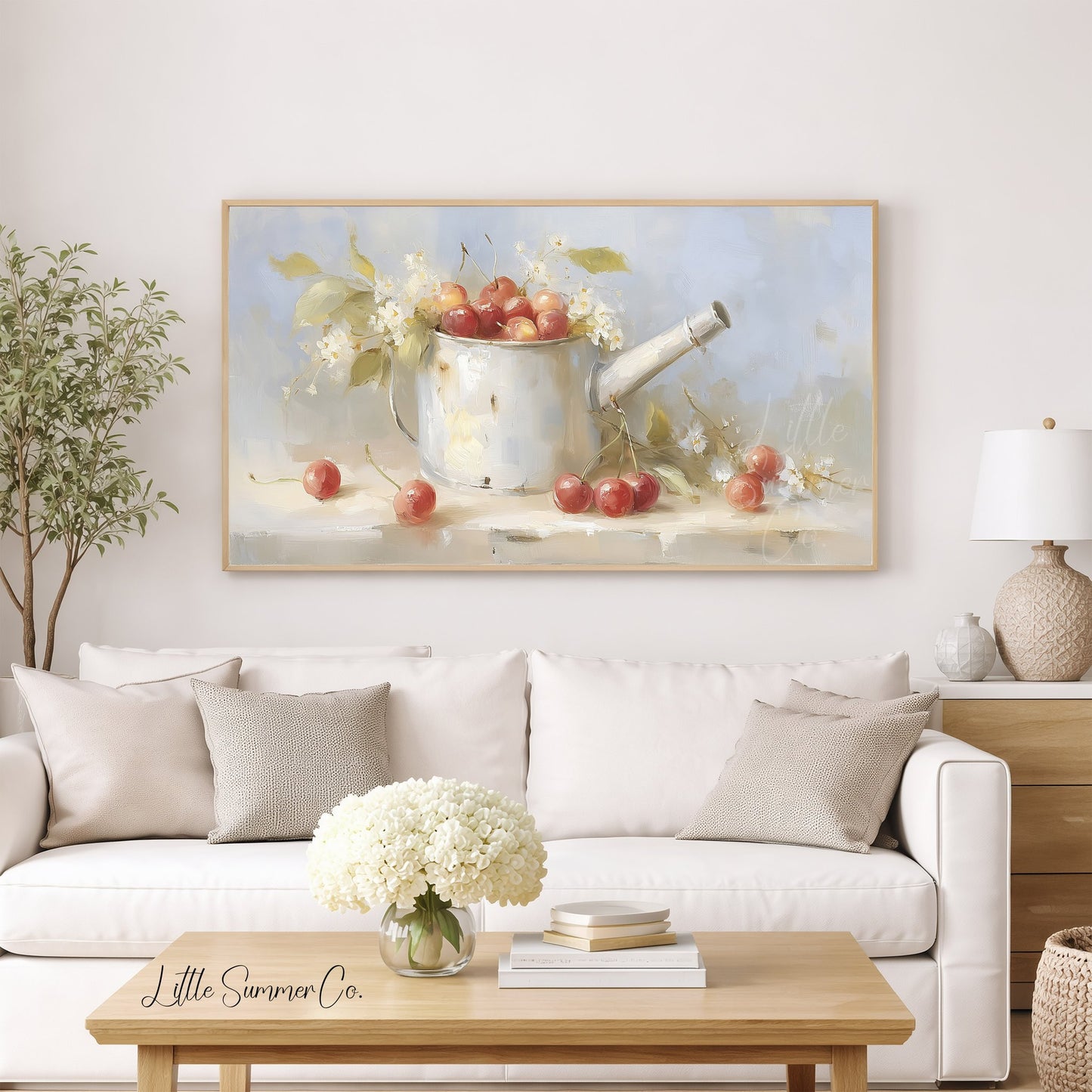 Cherries in Watering Can Frame TV Art displayed on a TV