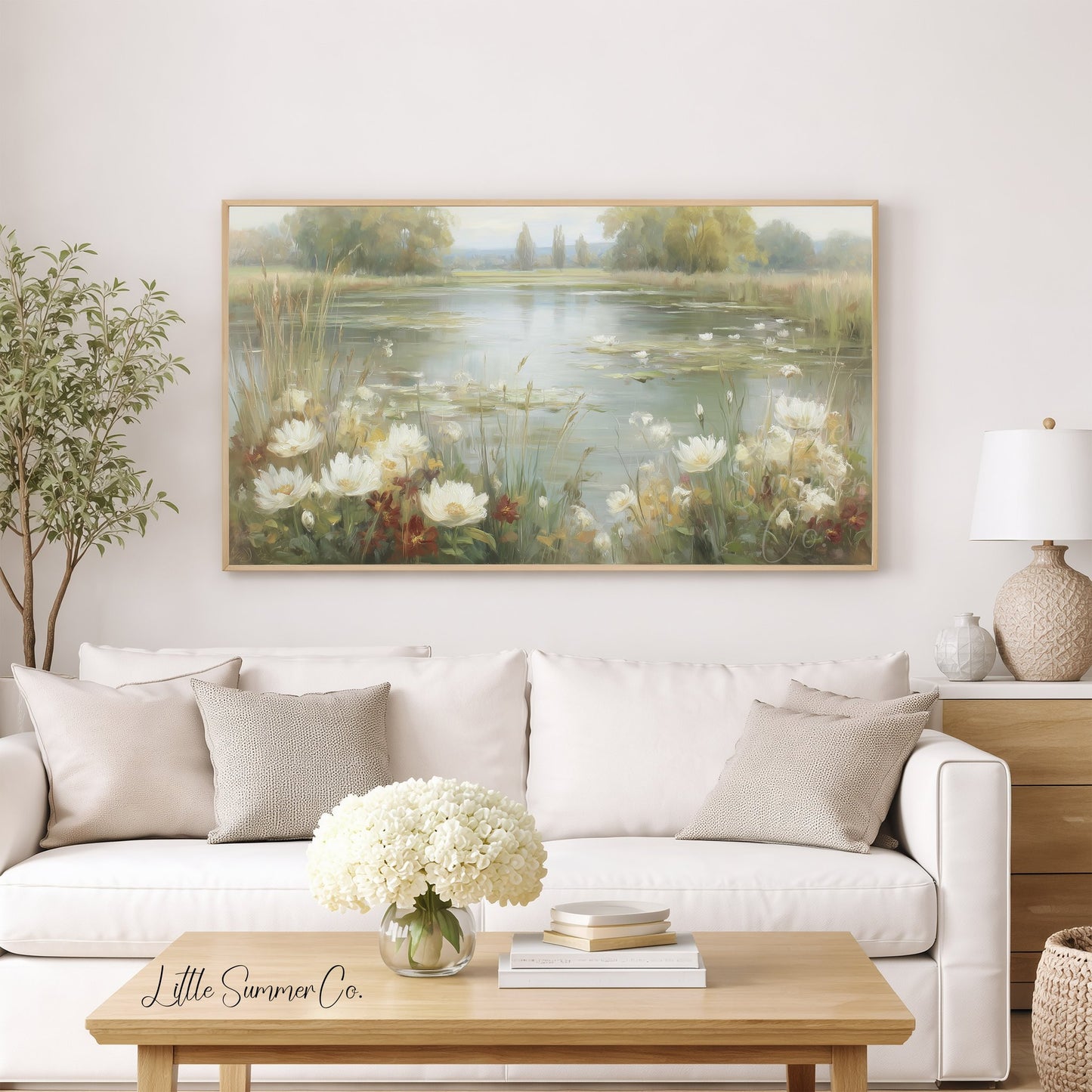 Wild Flower Meadow Pond Reflection Frame TV Art displayed on a TV