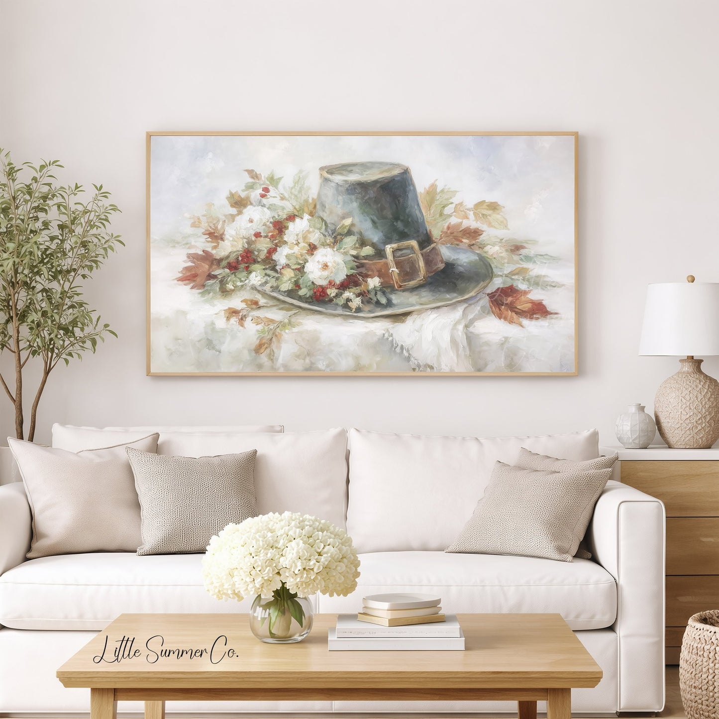 Pilgrim Hat Flowers Frame TV Art displayed on a TV