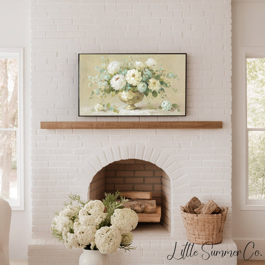 White Peony Arrangement Frame TV Art displayed on a TV