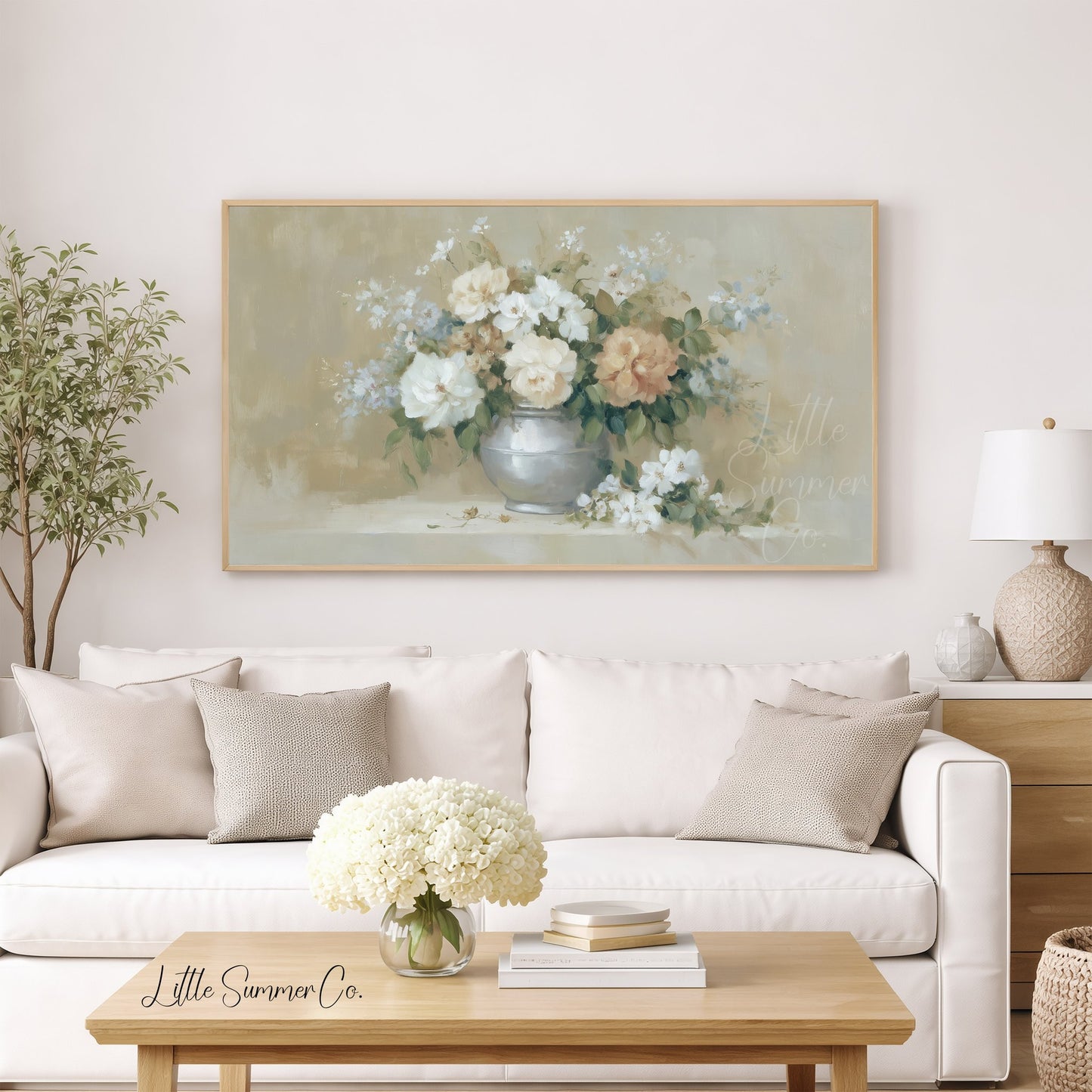 Peach Rose Bouquet Silver Vase Frame TV Art displayed on a TV