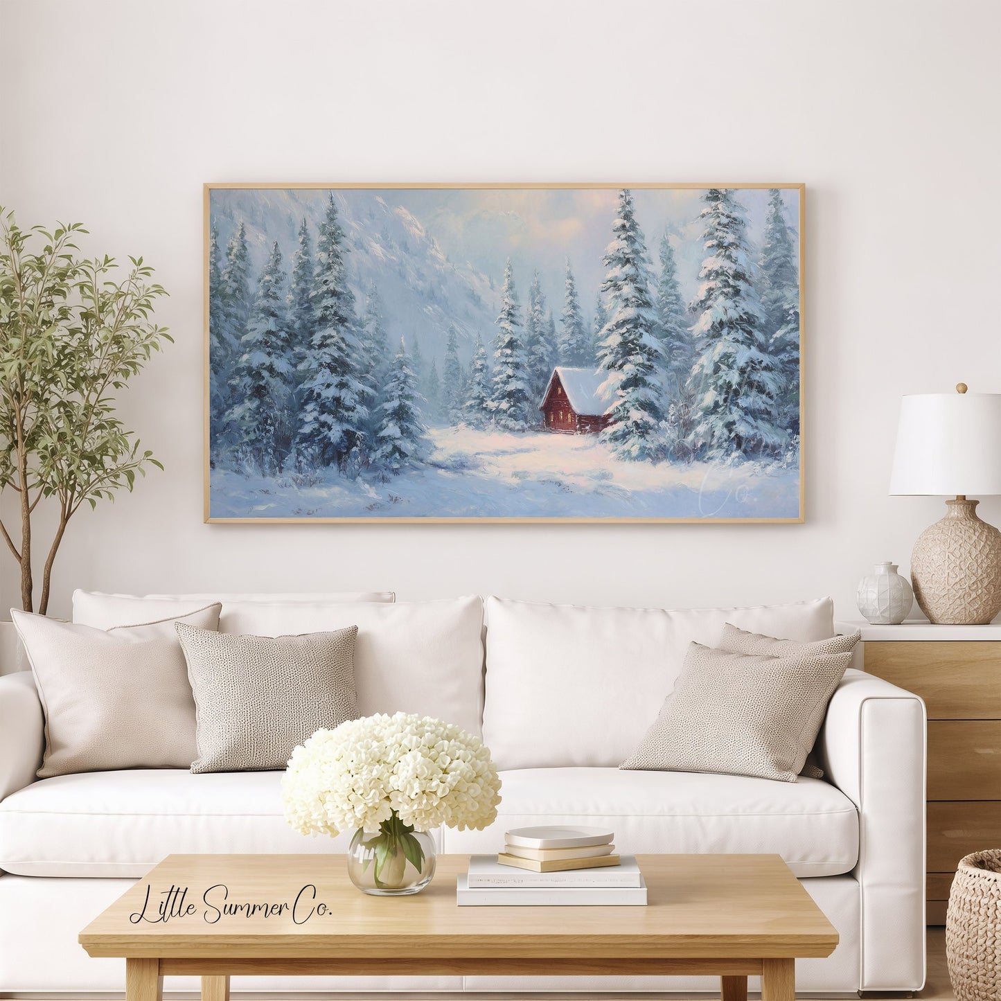 Red Cabin Snowy Mountain Pines Frame TV Art displayed on a TV