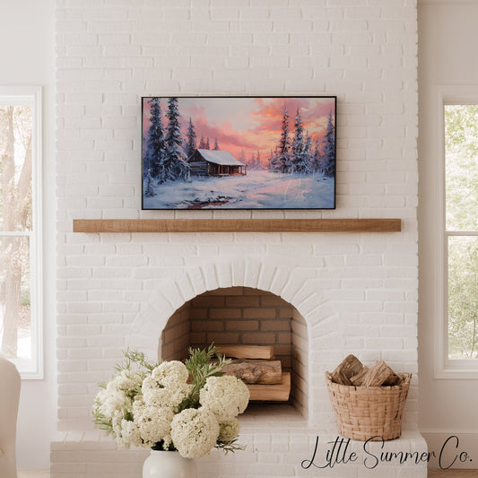 Snowy Cabin Sunset Forest Frame TV Art displayed on a TV