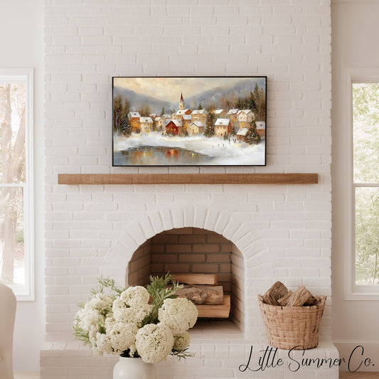 Warm Christmas Town Winter Evening Frame TV Art displayed on a TV