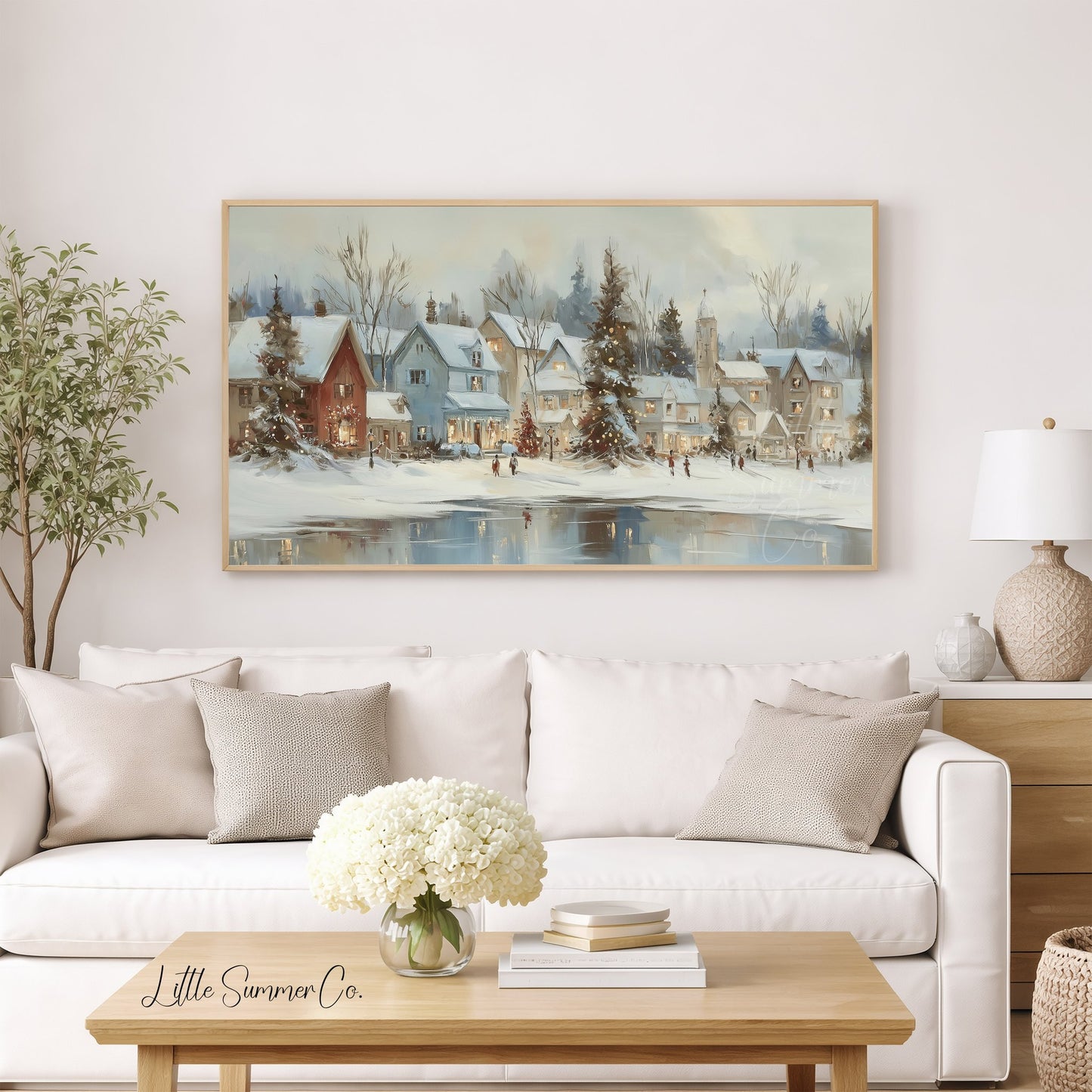 Christmas Village Lake Frame TV Art displayed on a TV