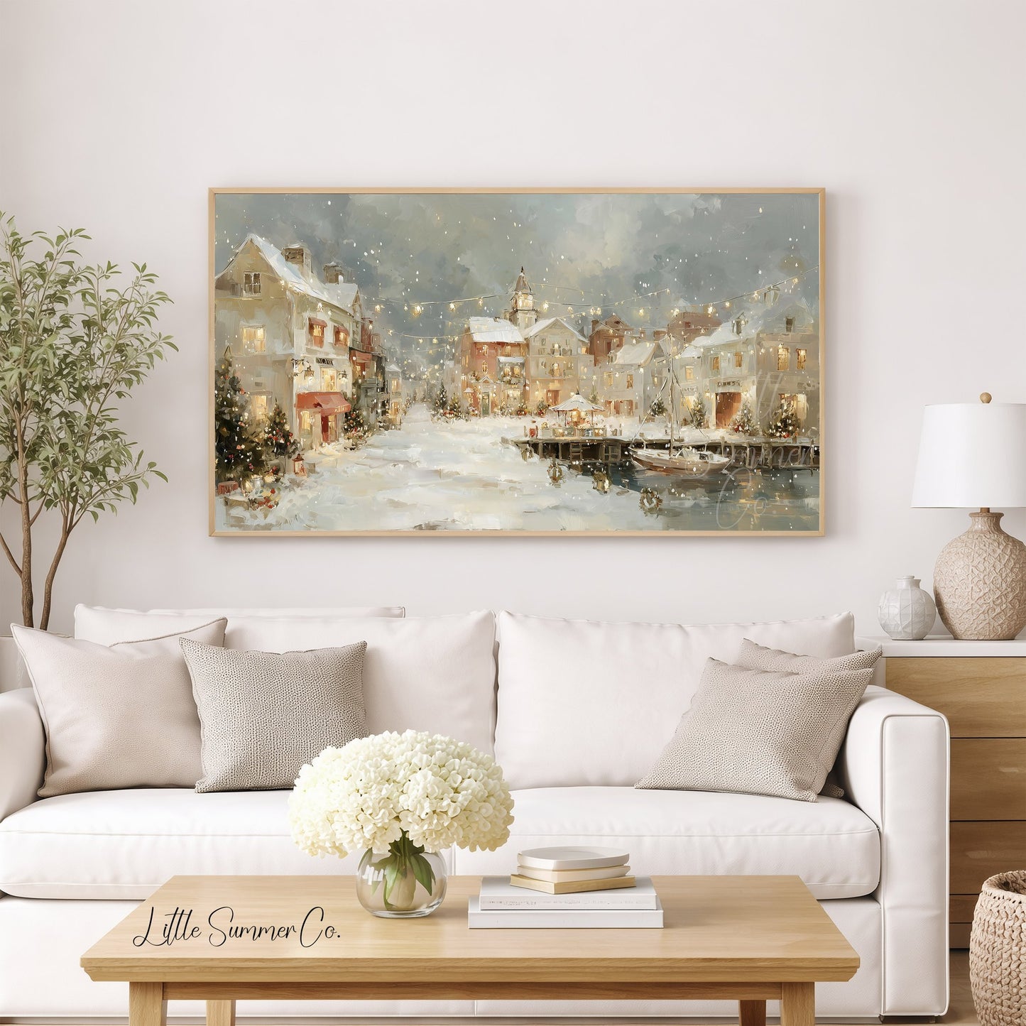Christmas Harbor Town Frame TV Art displayed on a TV