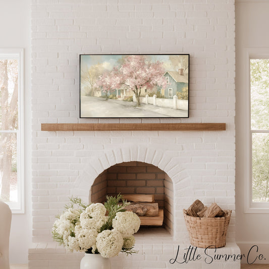 Blossom Cottage Street Frame TV Art displayed on a TV