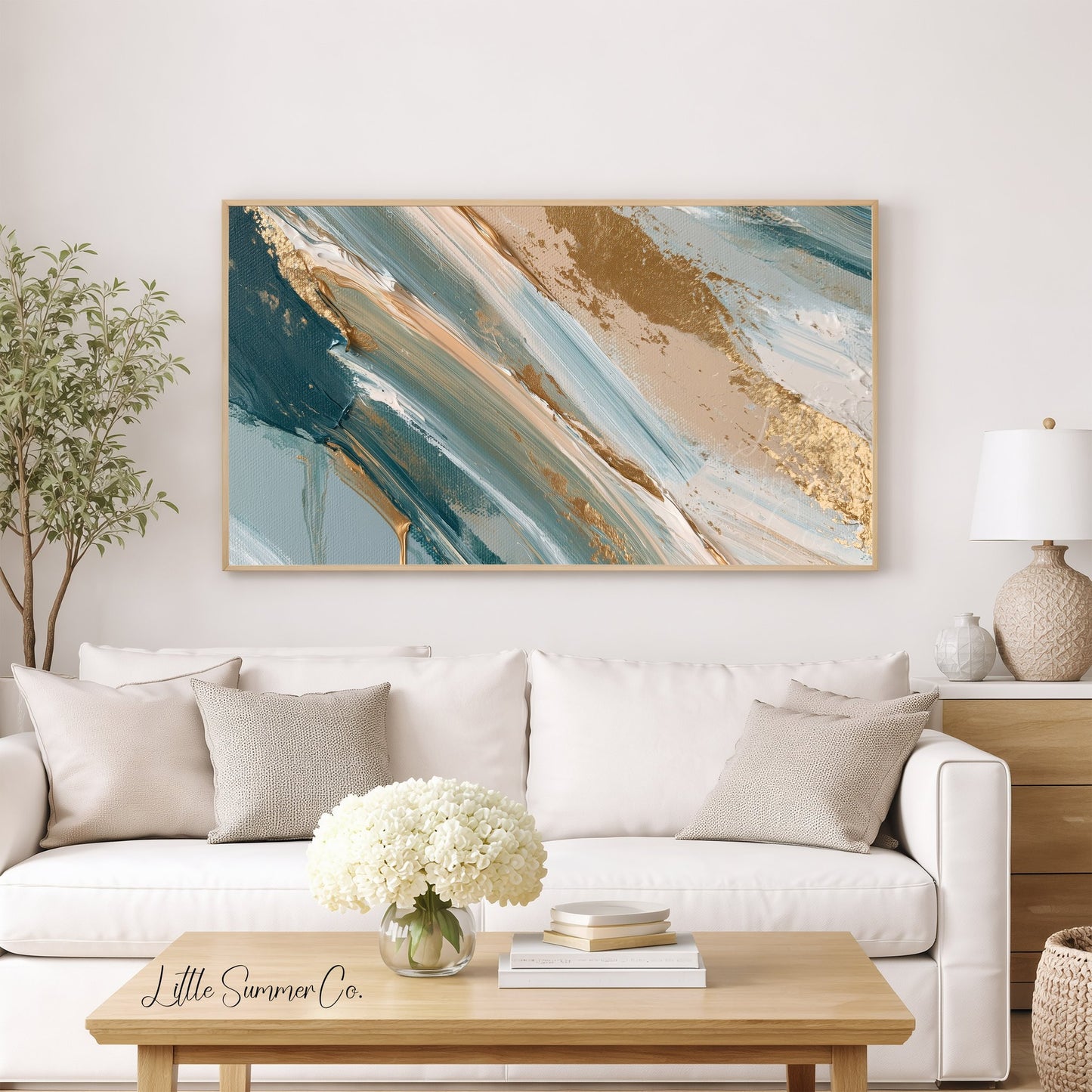 Teal Gold Sweep Frame TV Art displayed on a TV