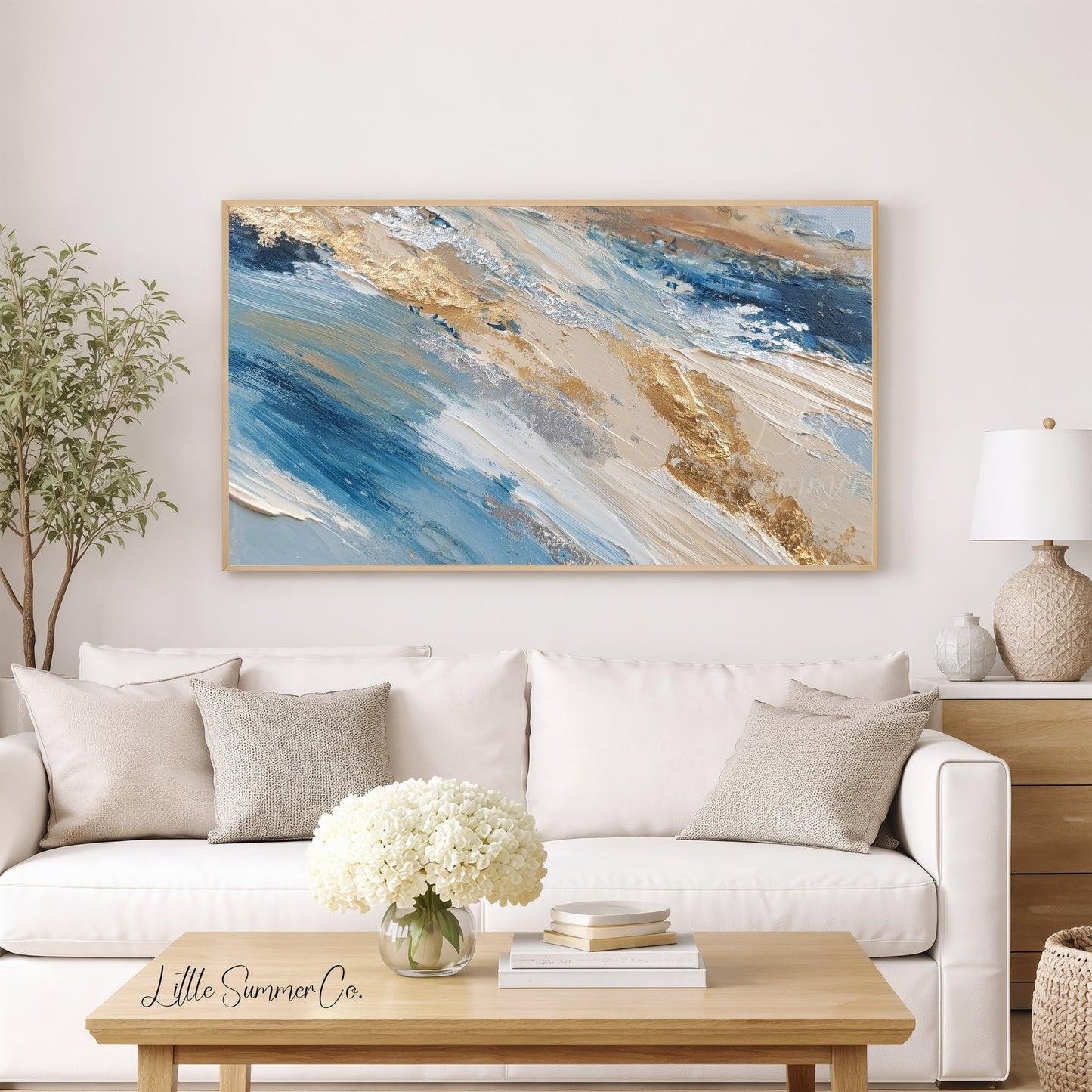 Blue Gold Ribbon Frame TV Art displayed on a TV