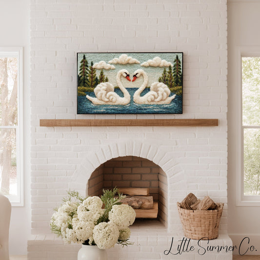 Swan Heart Lake Frame TV Art displayed on a TV