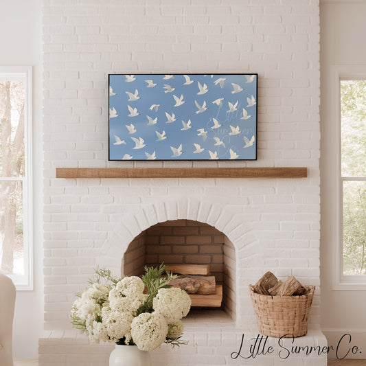 White Bird Flock Frame TV Art displayed on a TV