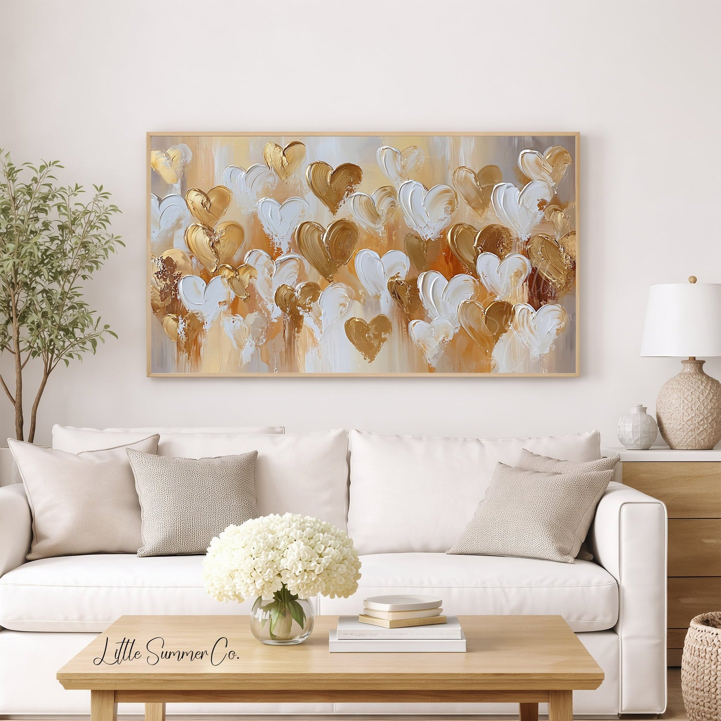 Gold White Hearts Frame TV Art displayed on a TV