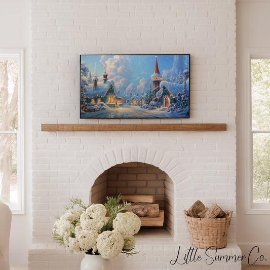 Snowy Christmas Village Frame TV Art displayed on a TV