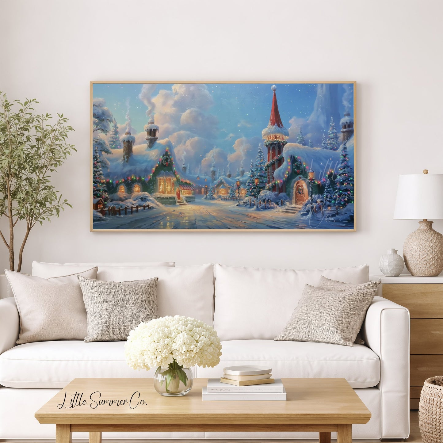 Snowy Christmas Village Frame TV Art displayed on a TV