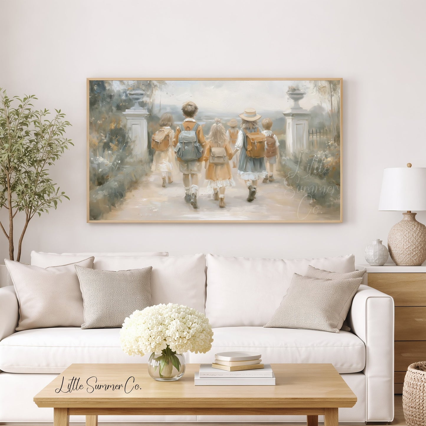 Children with Backpacks Frame TV Art displayed on a TV