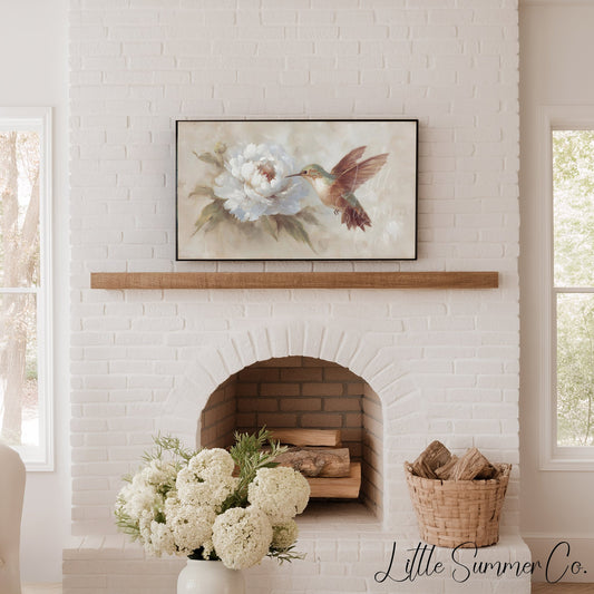 Hummingbird White Peony Frame TV Art displayed on a TV