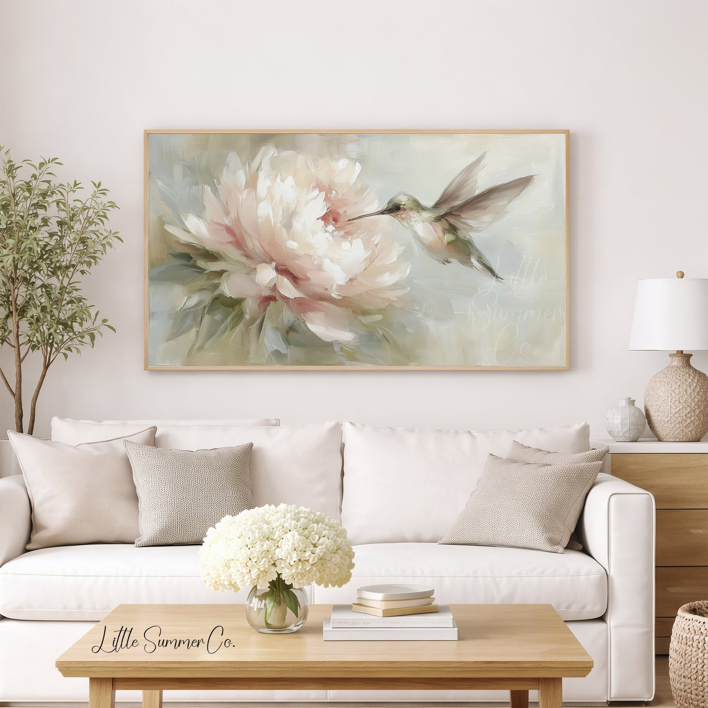 Hummingbird Pink Peony Frame TV Art displayed on a TV