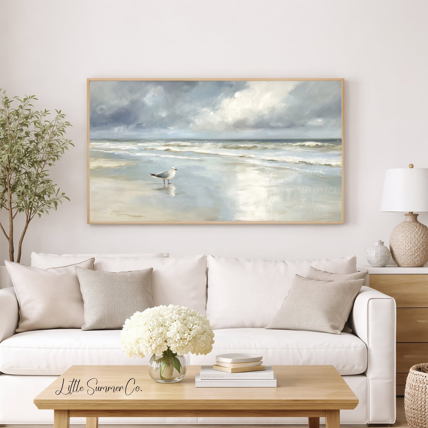 Seagull Shoreline Frame TV Art displayed on a TV