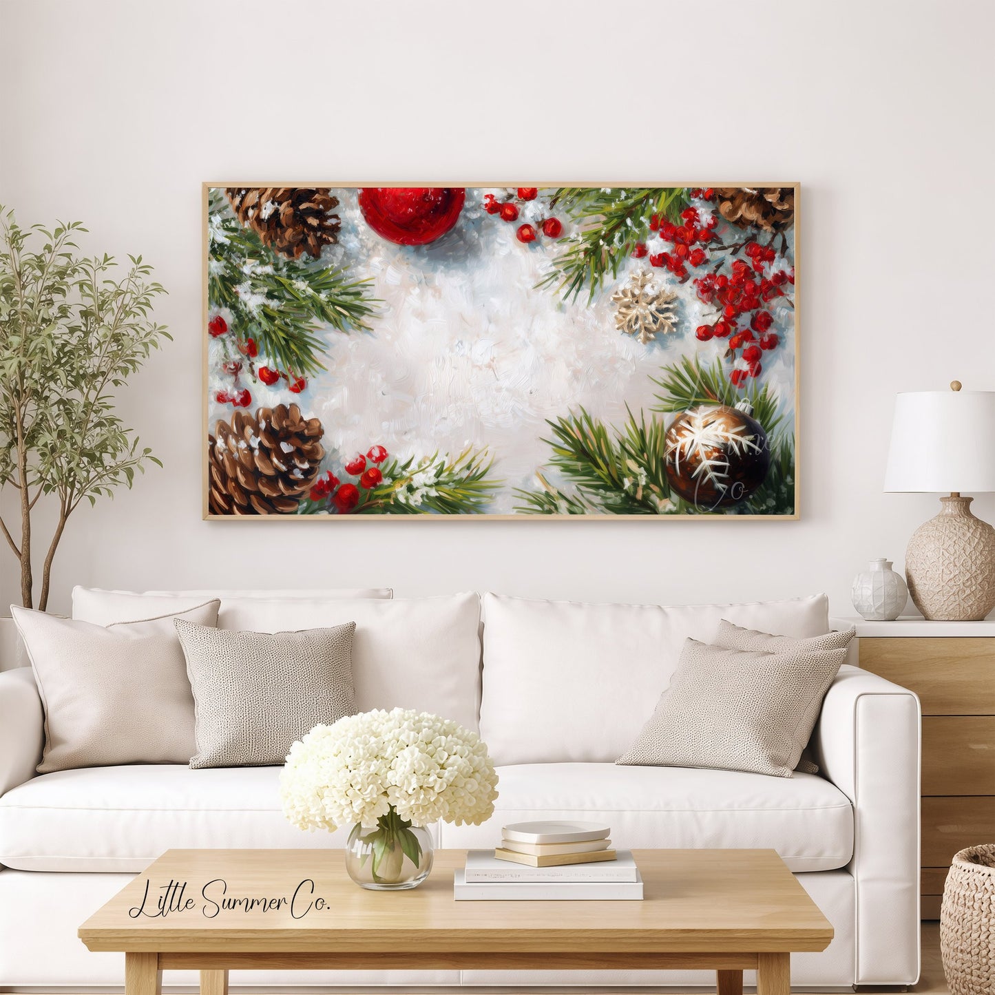 Pinecones and Berries Border Frame TV Art displayed on a TV