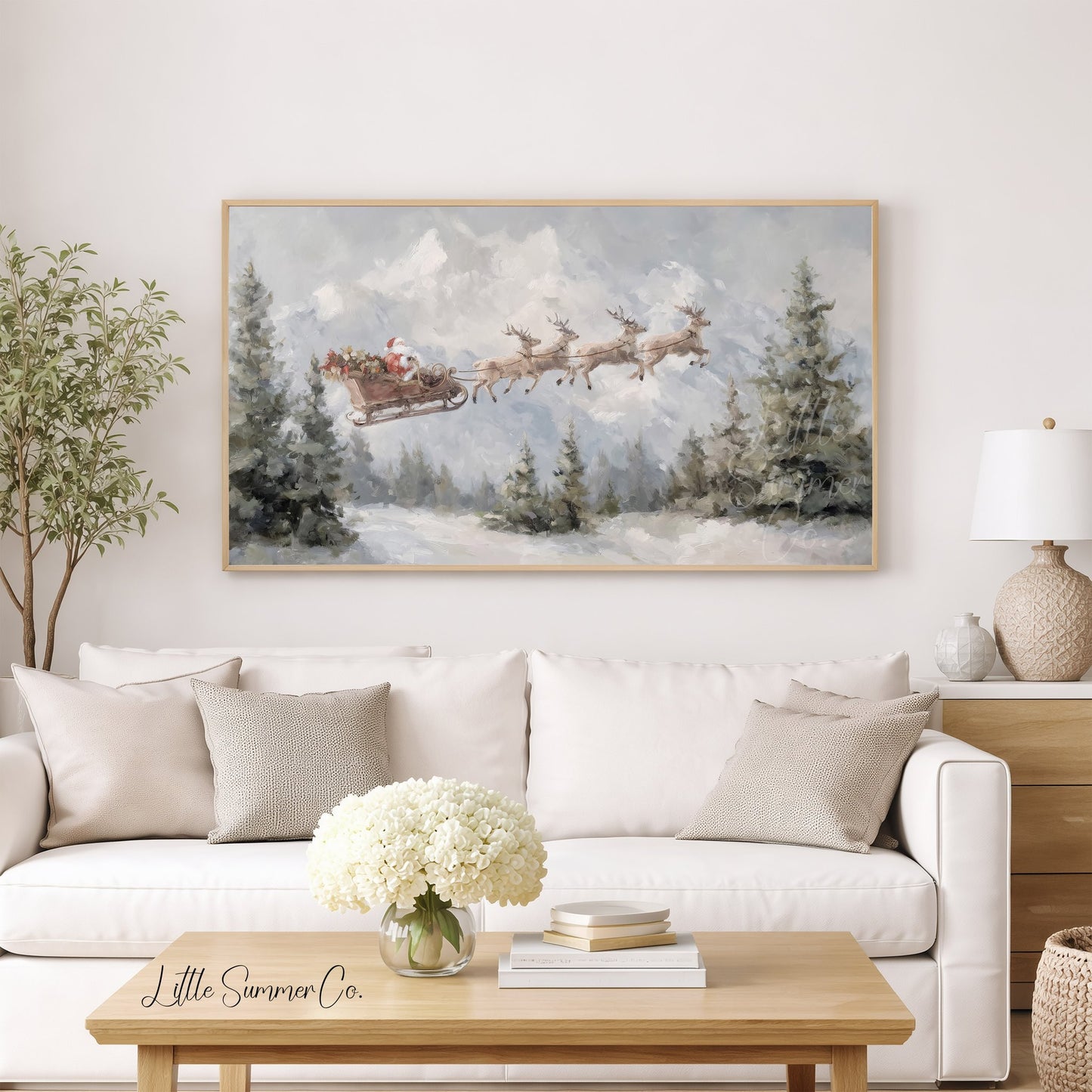 Santa Sleigh in Forest Frame TV Art displayed on a TV