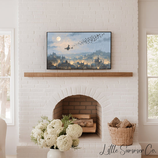 Witch Flying Over Town Frame TV Art displayed on a TV