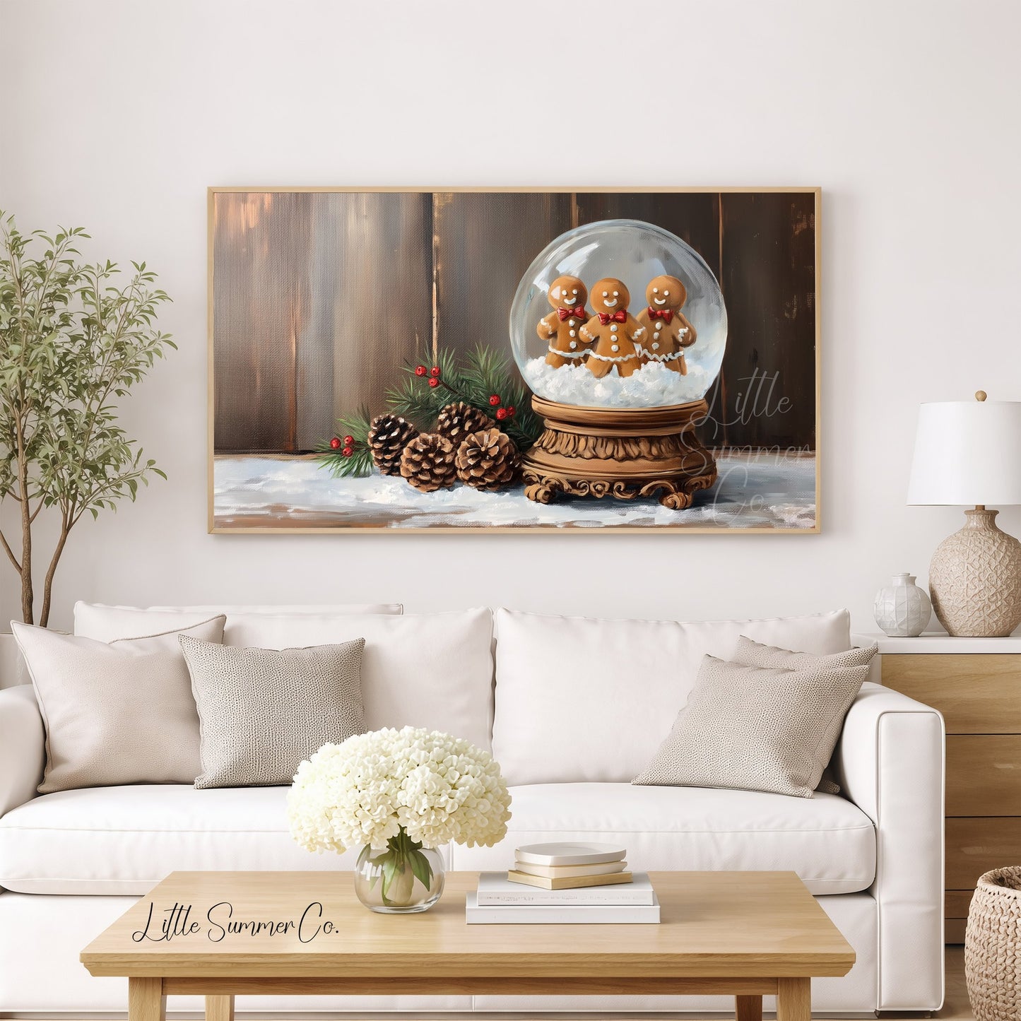 Gingerbread Snow Globe Frame TV Art displayed on a TV