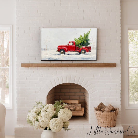 Red Pickup Christmas Tree Frame TV Art displayed on a TV