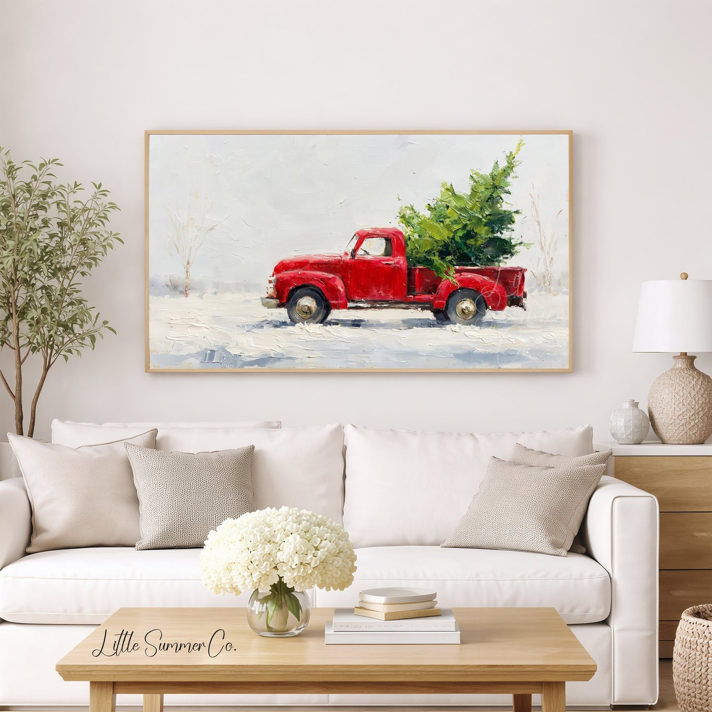 Red Pickup Christmas Tree Frame TV Art displayed on a TV