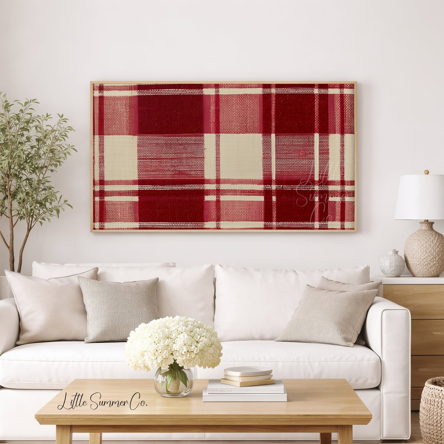 Red Tartan Pattern Frame TV Art displayed on a TV