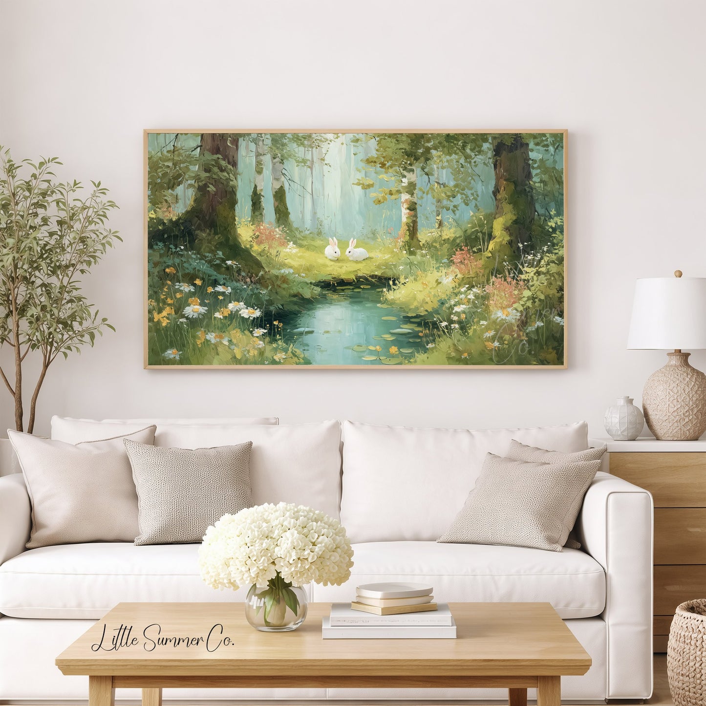 Woodland Rabbits Frame TV Art displayed on a TV