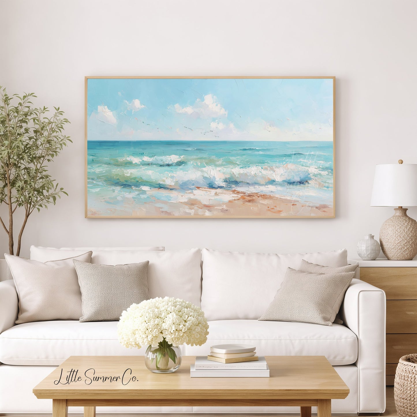 Turquoise Shoreline Waves Frame TV Art displayed on a TV