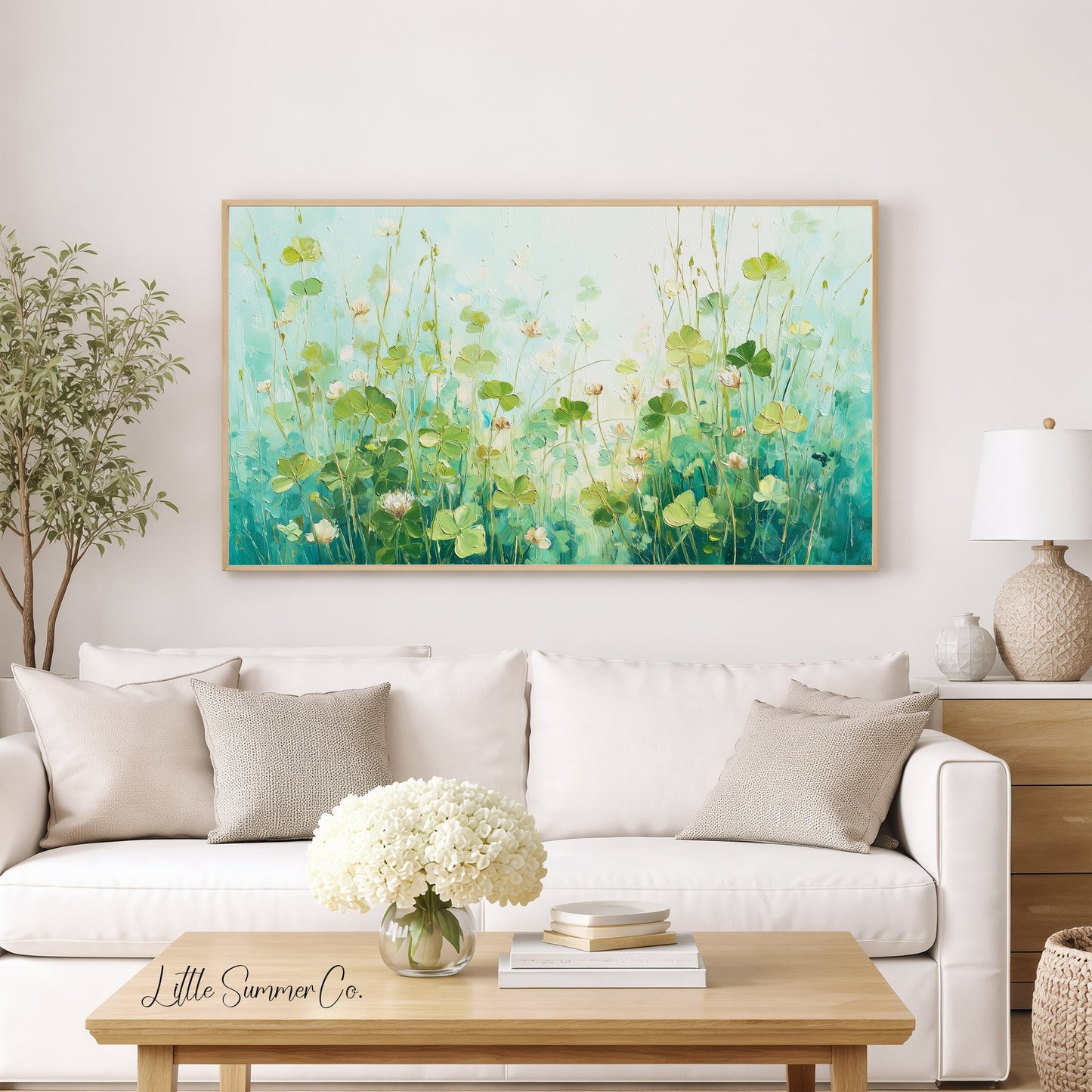 White Clover Blooms Meadow Frame TV Art displayed on a TV